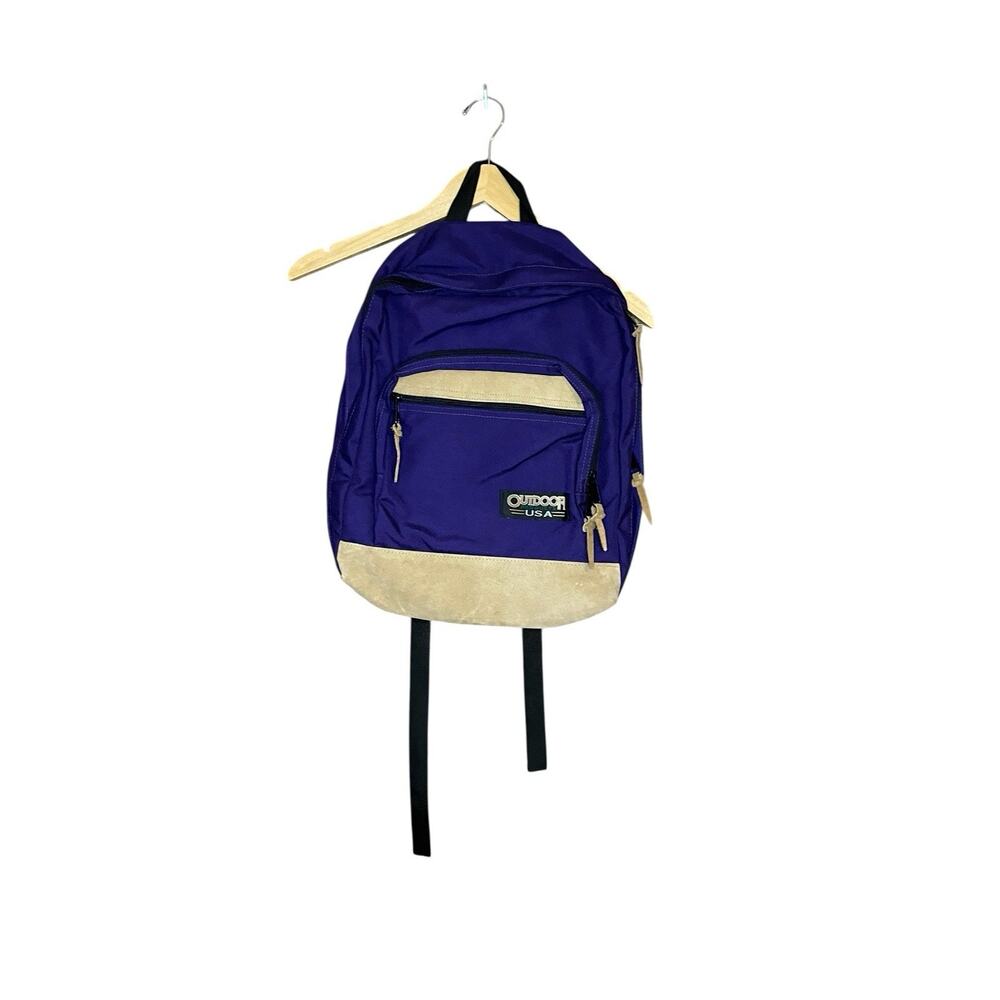 Vintage Outdoors USA Purple Backpack Leather Bottom Gorpcore Granola 80s USA